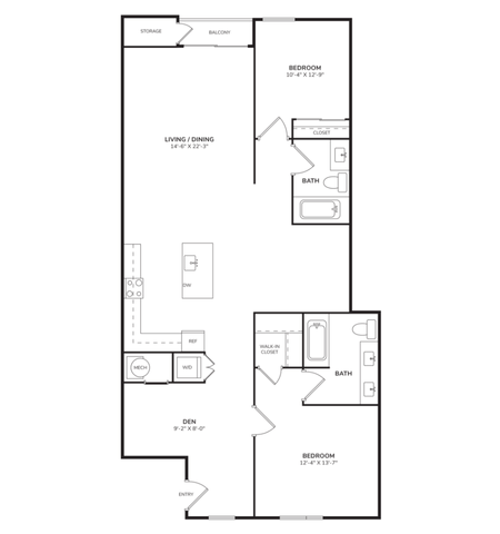 Floor plan for 2 beds, 2 baths, 1395 sqft